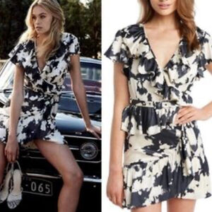 Bardot Ruffle Wrap Dress Size 8 Black Beige Abstract Print NWT